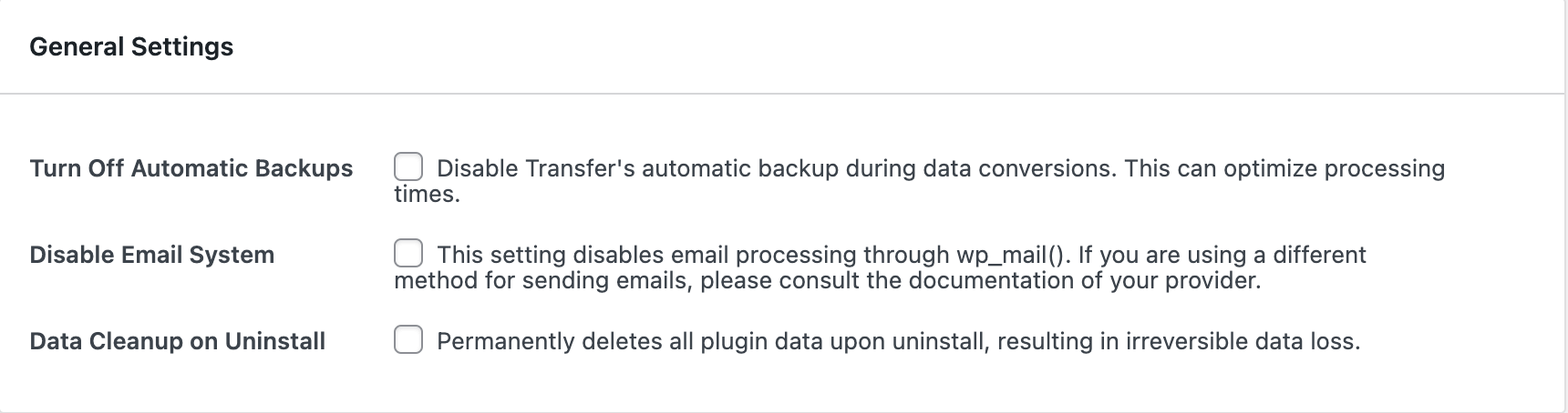 Transfer plugin general settings including the option to turn off auto-backups, disable the email system, and allow data cleanup when uninstalling.
